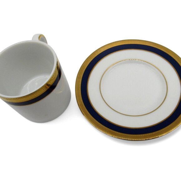 LA VAISSELLERIE Fine PORCELAIN Espresso Cup Saucer Gold Blue Navy Vaiselle Vinta - Picture 7 of 12